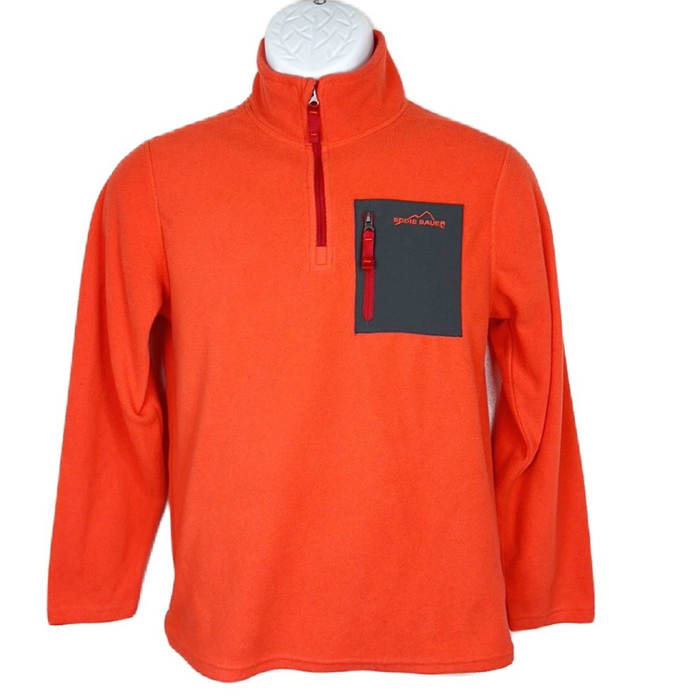 Eddie Bauer Sweatshirt Kids Large Orange Grey Quarter Zip Pullover Pocket Youth